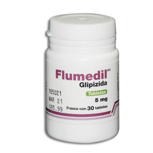 Flumedil (Glipizida) 5 mg. Frasco con 30 tabletas