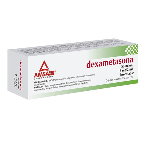 Laboratorio Amsa Dexametasona inyectable 8mg en 2 ml. Caja con 1 ámpula