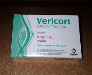 Vericort solución inyectable 8 mg en 2 ml. Caja con 3 ámpulas
