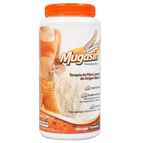 Genérico de “METAMUCIL”® - Mugasin (Plantago Psyllium) polvo soluble sabor naranja. Frasco con 230 gramos