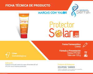 Protector solar FPS 50+ UVA UVB crema facial y corporal, Laboratorios Serral. Tubo con 125 gramos