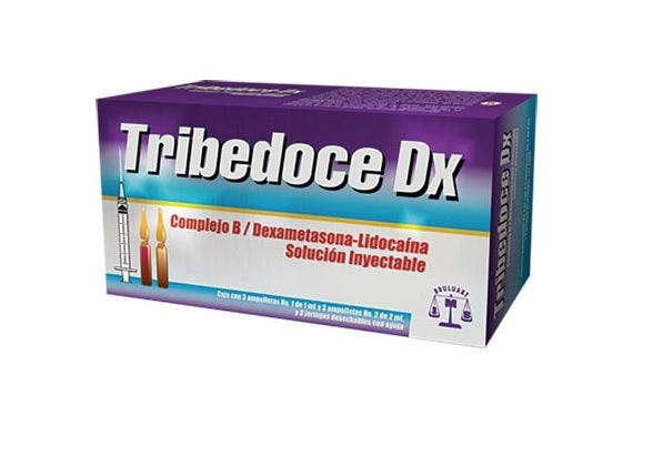 Tribedoce DX (Complejo B/Dexametasona/Lidocaína) solución inyectable. Caja con 3 kits y jeringas