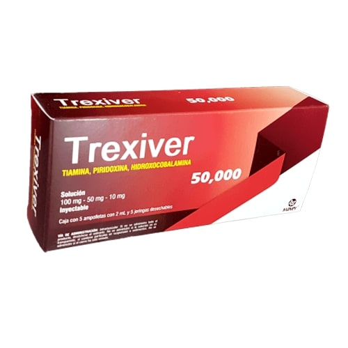 Trexiver (Complejo B) solución inyectable. Caja con 5 ampolletas y 5 jeringas