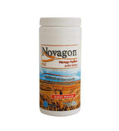 Genérico de “METAMUCIL”® - Novagon (Plantago Psyllium) polvo soluble sabor natural. Frasco con 400 gramos