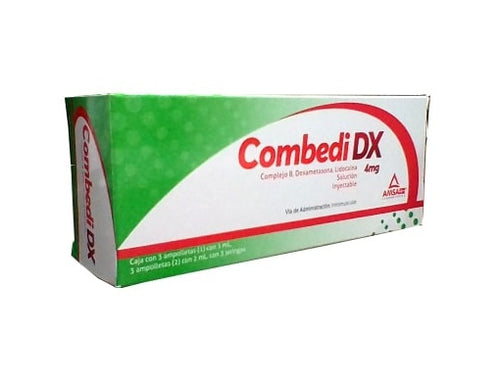 Combedi DX (Complejo B/Dexametasona/Lidocaína) solución inyectable. Caja con 3 kits y jeringas