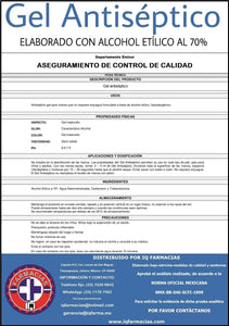 Gel Antibacterial / Antiséptico formulado a base de alcohol etílico al 70%. Envase de 1 galón