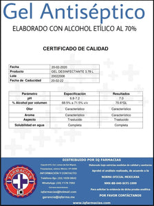 Gel Antibacterial / Antiséptico formulado a base de alcohol etílico al 70%. Envase de 1 galón