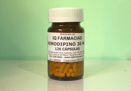 Genérico de “NIMOTOP”® -  Nimodipino cápsulas de 30 mg Fórmula Magistral. Frasco con 126 cápsulas